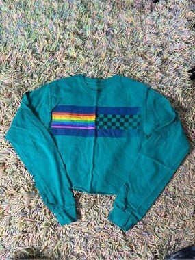 Teal Long-Sleeve cropped Tee with Rainbow Stripe and Checker Panel